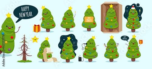Mega Set of cute happy christmas trees with different emotions and face expressions for christma party. Merry christmas trees in cartoon style do different tasks.
