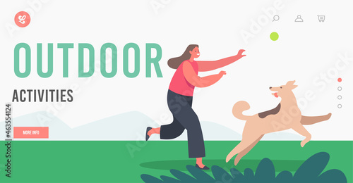 Outdoor Activities Landing Page Template. Girl Playing with Dog. Little Child Character Play with Pet Throwing Ball