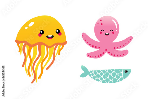 Vector cartoon style fish, octopus, jellyfish cute and smiling characters for sea life design.
