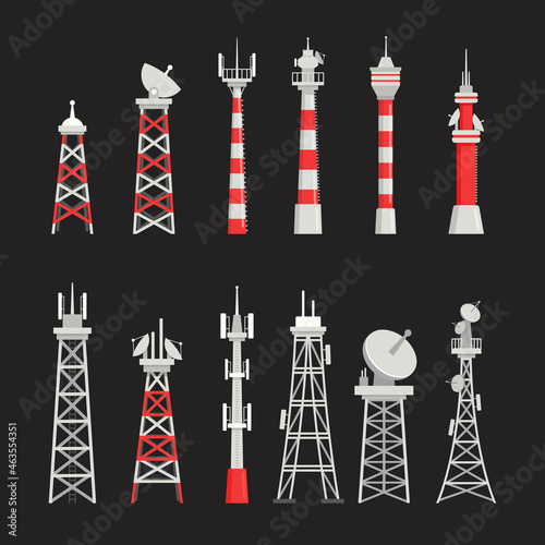 Set of Telecommunication Towers, Radio Masts, Communication Satellite Signal Transmitters. Different Types of Telecom