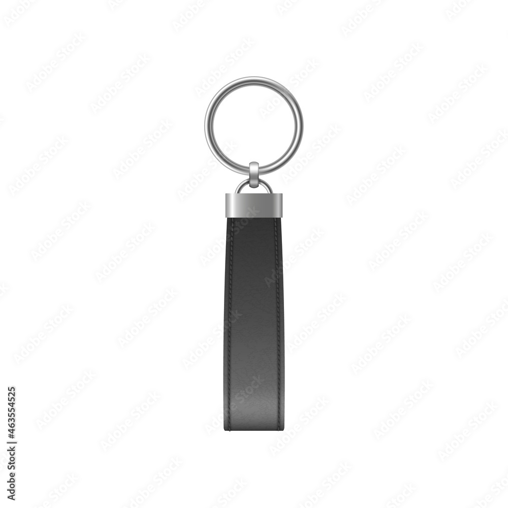 Leather keychain, holder trinket for key with metal ring. Realistic template of black fob for home Leather keychain, holder trinket for key with metal ring. Realistic template of black fob for home