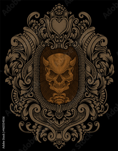 illustration demon skull with engraving ornament style