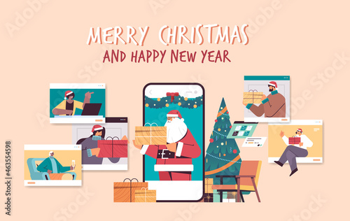 mix race people in web browser windows celebrating new year christmas holidays during video call self isolation