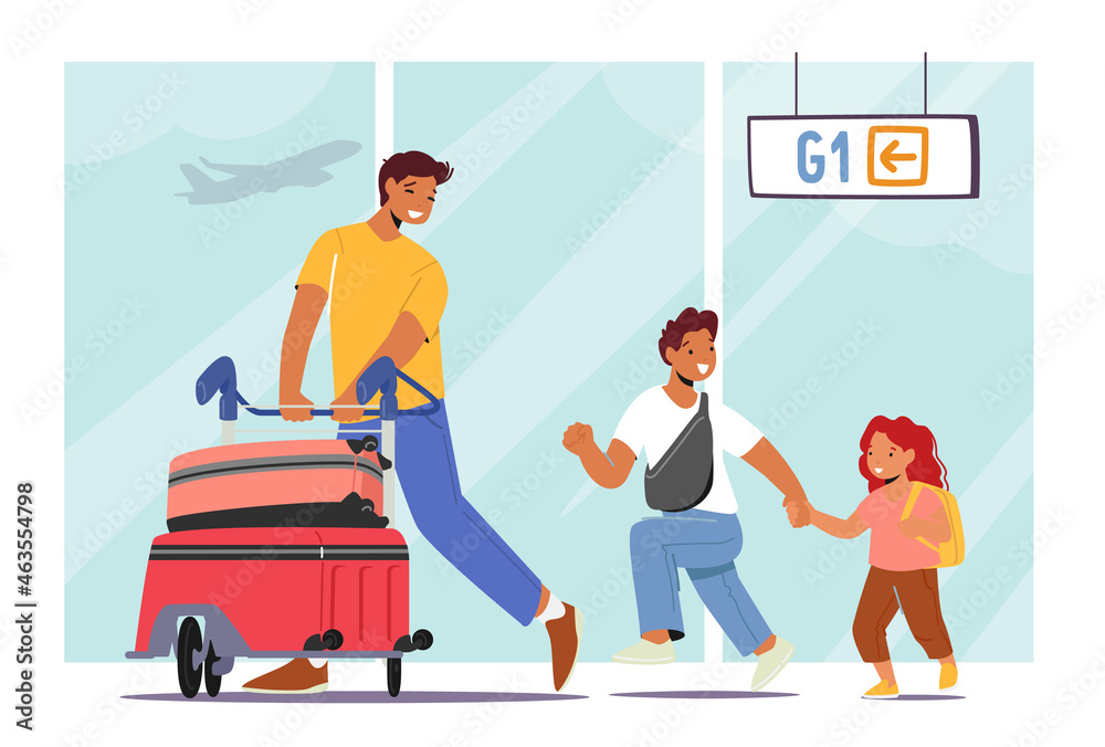 Father Travelling with Little Daughter and Son Characters. Young Man with Children Pushing Cart with Suitcase Bags