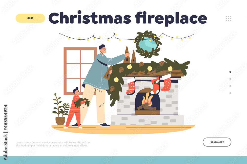 Christmas fireplace concept of landing page with father and kid decorating chimney for xmas Christmas fireplace concept of landing page with father and kid decorating chimney for xmas