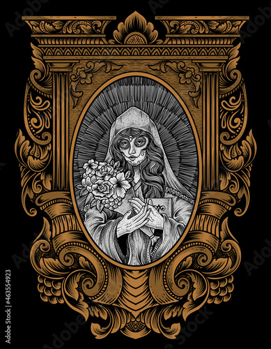 illustration sugar woman skull with engraving ornament frame