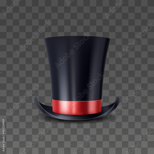 3d realistic high cap with red ribbon. Magical magician hat. Illusionist black cylinder for tricks