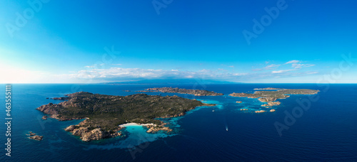 Fototapeta Naklejka Na Ścianę i Meble -  View from above, aerial shot, panoramic view of La Maddalena archipelago with Budelli, Razzoli and Santa Maia islands bathed by a turquoise and clear waters. Sardinia, Italy.