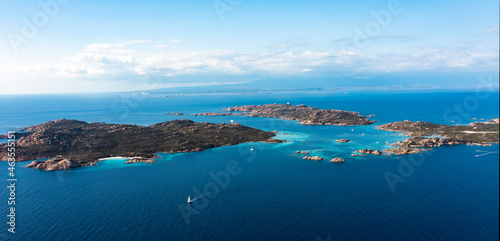 View from above, aerial shot, panoramic view of La Maddalena archipelago with Budelli, Razzoli and Santa Maia islands bathed by a turquoise and clear waters. Sardinia, Italy.