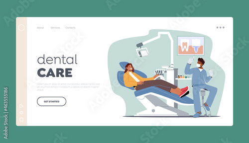 Dental Care Landing Page Template. Doctor Dentist Character Conducting Health Medical Treatment Prepare Anesthesia