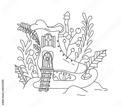 Cozy house made of shoes coloring page. Winter landscape. Skates. Line art. Colouring book in doodle style.
