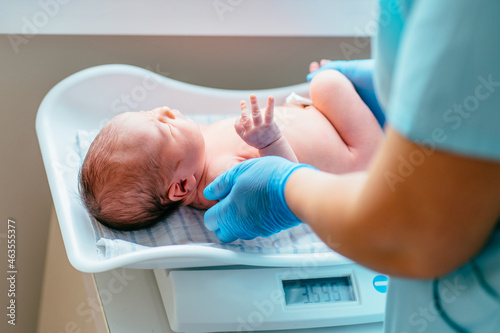 Fotografi A nurse weighs on the scales a newborn baby at hospital