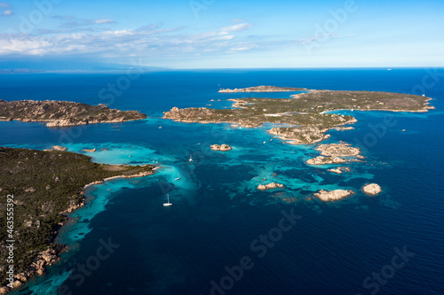 View from above, stunning aerial view of La Maddalena archipelago with Budelli, Razzoli and Santa Maia islands bathed by a turquoise and clear waters. Sardinia, Italy.
