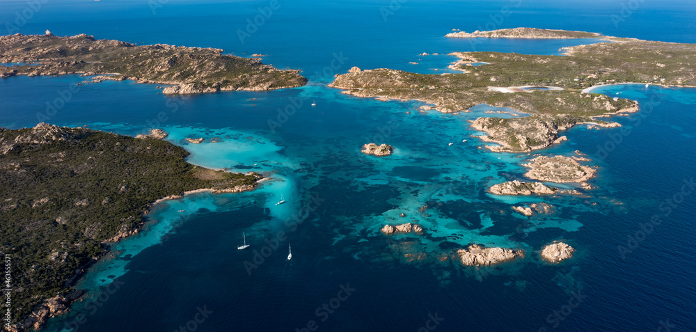 View from above, stunning aerial view of La Maddalena archipelago with Budelli, Razzoli and Santa Maia islands bathed by a turquoise and clear waters. Sardinia, Italy.