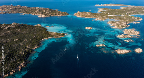 View from above, stunning aerial view of La Maddalena archipelago with Budelli, Razzoli and Santa Maia islands bathed by a turquoise and clear waters. Sardinia, Italy.