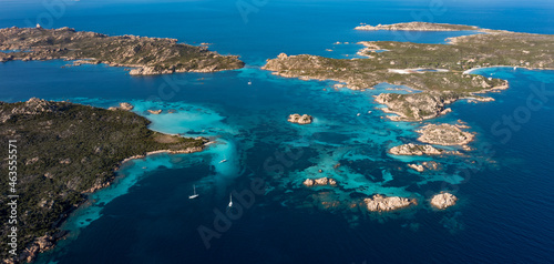 View from above, stunning aerial view of La Maddalena archipelago with Budelli, Razzoli and Santa Maia islands bathed by a turquoise and clear waters. Sardinia, Italy. photo
