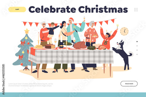 Celebrate christmas concept of landing page with happy family gathering together at decorated table