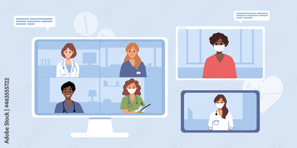 Browser window, computer screen with therapist, hospital staff team. Video call meeting in messenger, online consultation. Banner template. Ask doctor. Medical advise, chat service, telemedicine Browser window, computer screen with therapist, hospital staff team. Video call meeting in messenger, online consultation. Banner template. Ask doctor. Medical advise, chat service, telemedicine