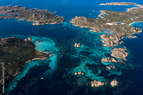 View from above, stunning aerial view of La Maddalena archipelago with Budelli, Razzoli and Santa Maia islands bathed by a turquoise and clear waters. Sardinia, Italy.