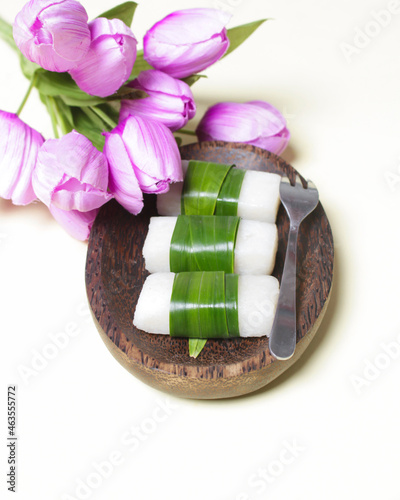 Tetel cake with a savory taste and a slightly rough texture. A traditional snack made from cassava comes from Gunung Kidul. This snack is common at large parties. Traditional snack mockup. Focus blur. photo