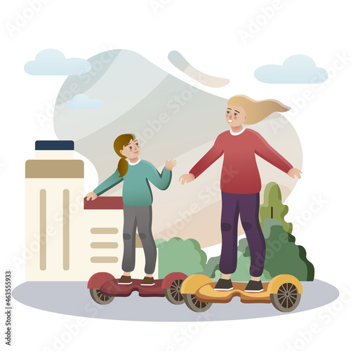 Hoverboard riding. Isolated flat style colored illustration. School lessons. Mom and daughter ride gyro.