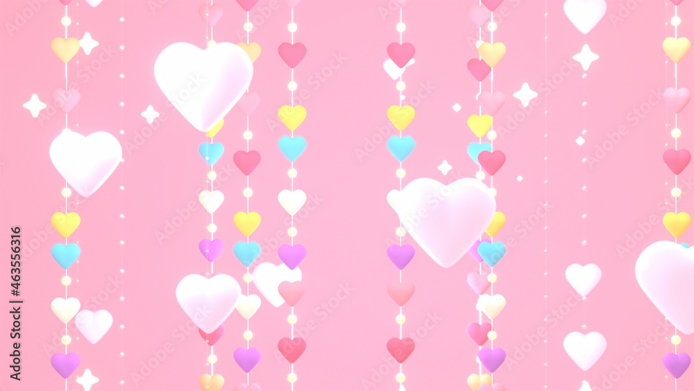 3d rendered heart string lights on pink background.