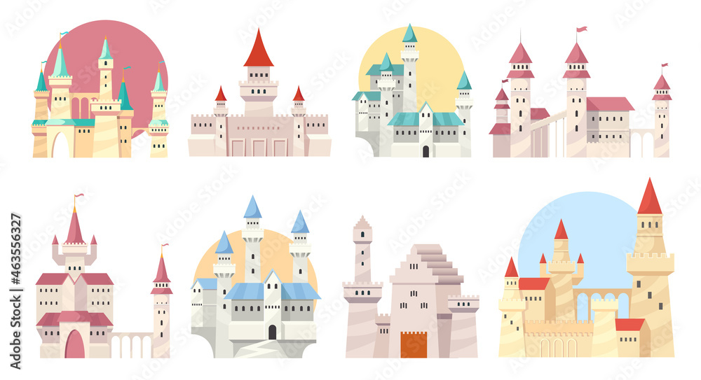 Set of Medieval Castle Towers, Fairytale Mansion Exterior, Castles and Fortified Palaces with Gates, Gothic Architecture