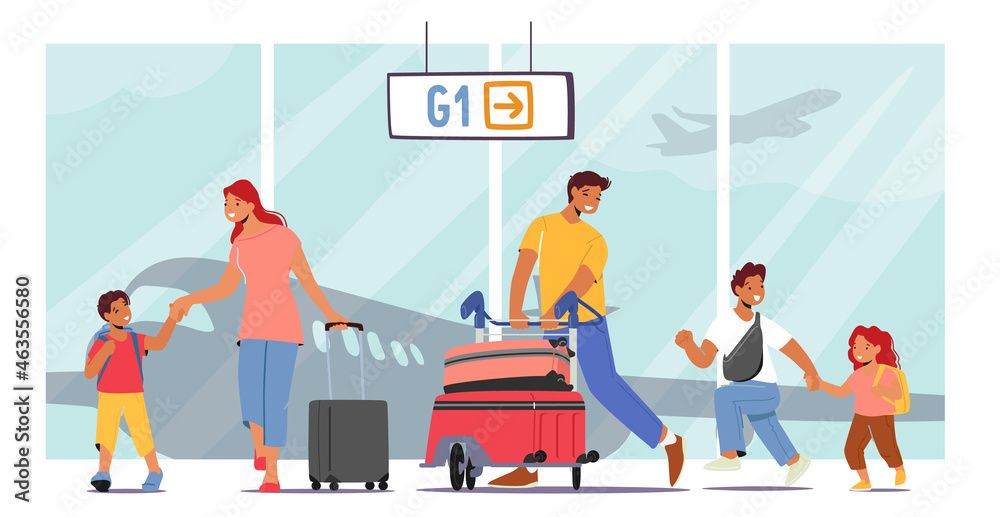 Happy Parents and Children in Airport Terminal, Mother and Father Travel with Kids, Family with Bags Walk to Airplane