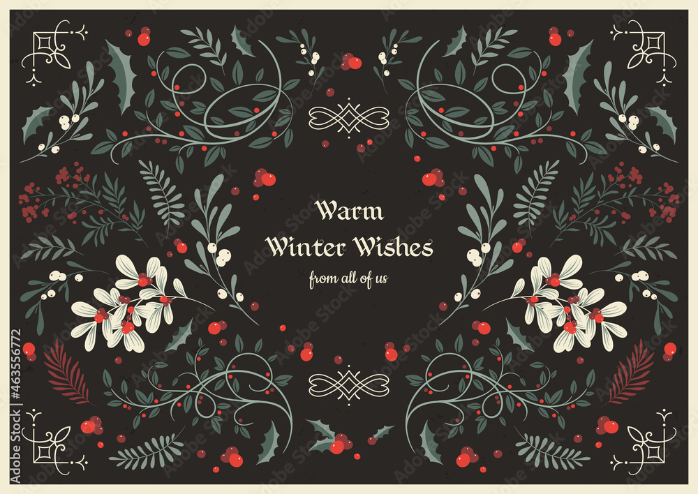 Vector template of vintage Christmas greeting card. Winter foliage composition with delicate botanical decor and inscription. Warm winter wishes