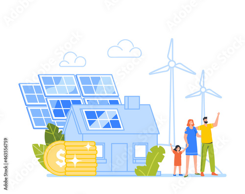 Renewable Clean Energy, Power, Investment for Alternative Energy and Sustainability. Family Characters at Solar Panel