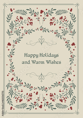 Vector template of vintage Christmas greeting card. Winter foliage composition with delicate botanical decor and inscription. Happy holidays and warm wishes
