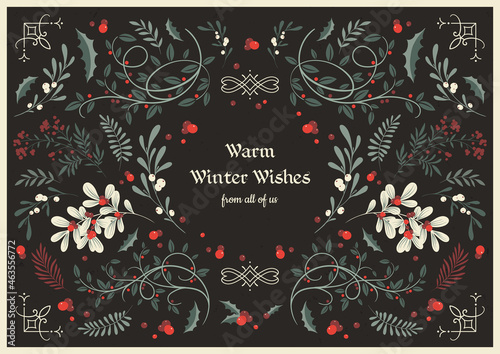 Vector template of vintage Christmas greeting card. Winter foliage composition with delicate botanical decor and inscription. Warm winter wishes