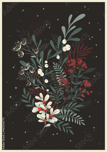 Vector template of vintage Christmas greeting card. Winter foliage composition with delicate botanical decor. Holiday floral design, elegant bouquet illustration.