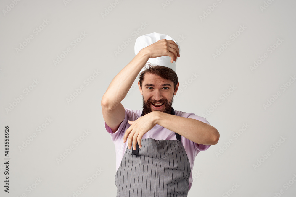 bearded man in chef's uniform gesturing with his hands cooking professional bearded man in chef's uniform gesturing with his hands cooking professional