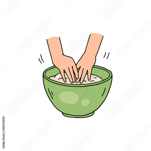 Kneading the dough for baking in bowl, hand drawn vector illustration isolated.