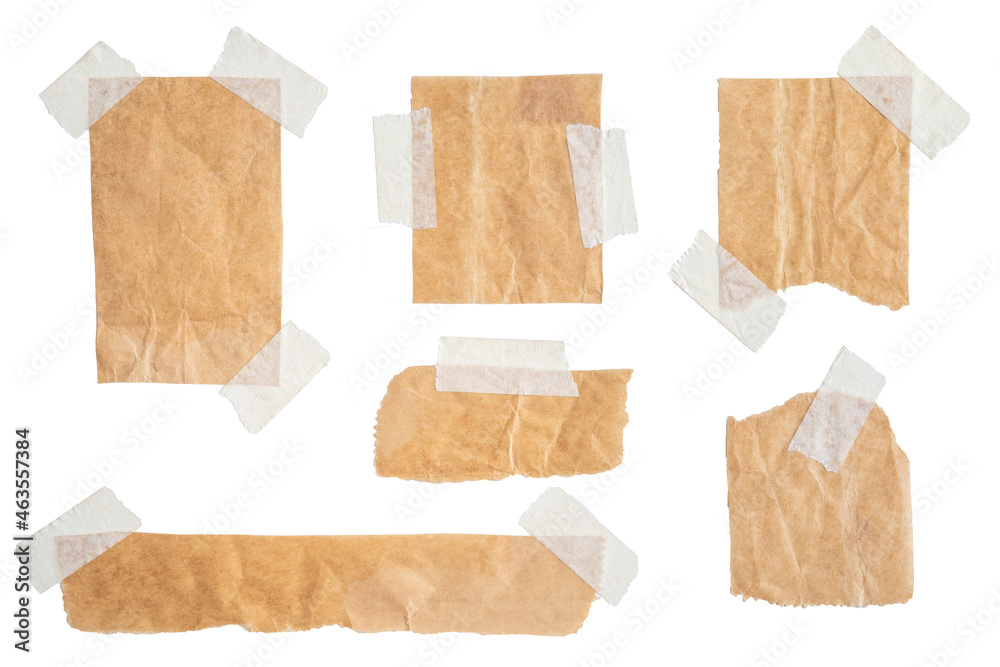 Brown paper labels attached set with sticky tape on white background