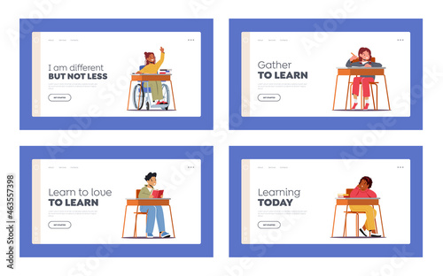 Healthy and Disabled Kids Study in School Landing Page Template Set. Children Characters on Lesson, Disabled Education