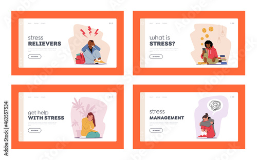 Character in Stress or Depression Landing Page Template Set. Depressed People with Bewildered Thoughts Feel Unhappy © Hanna Syvak