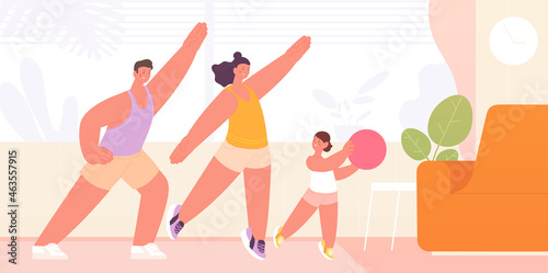 Home workout. Healthy exercising, family stretching. Parents and child fitness training, doing morning exercises. Sport activities utter vector scene