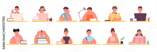 Children sitting at desk. Student studying, answering boy. School and preschool characters, kids doing homework. Self distance education utter vector set