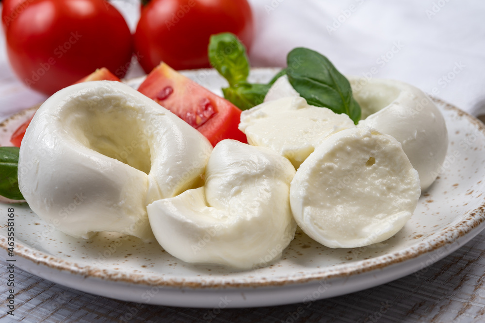 South Italian soft white mozzarella cheese made from buffalo cows milk served with ripe tomatoes and fresh green basil herb South Italian soft white mozzarella cheese made from buffalo cows milk served with ripe tomatoes and fresh green basil herb