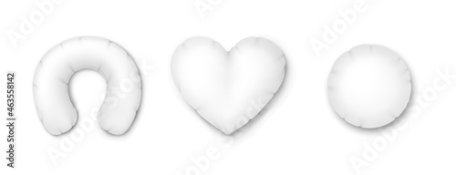 White pillows of different shapes. Blank orthopedic cushions for bedroom and travel sleeping