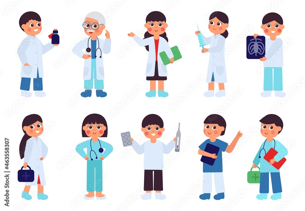 Doctor characters. Kawaii medical people, cute cartoon hospital team. Man woman wear uniform and holding medications, isolated decent vector set