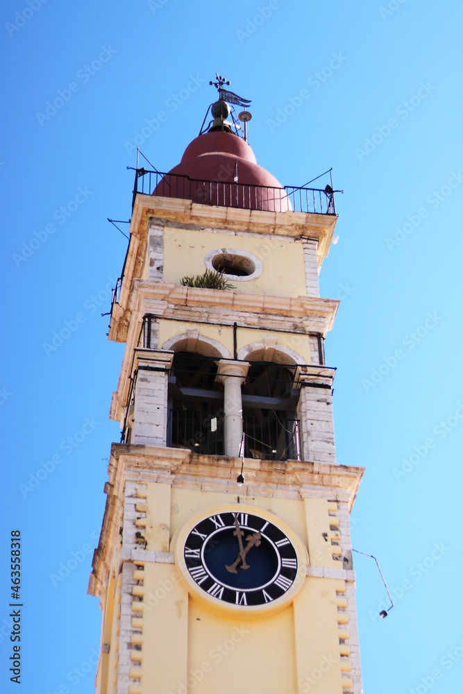 Cathedral of Saint Spyridon. A Greek Orthodox church located in Corfu, Greece. Agios Spyridonas church bell tower.