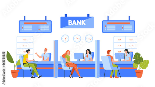 Characters Use Banking Finance Services. People on Bank Office Reception. Client Talking to Managers about Operations