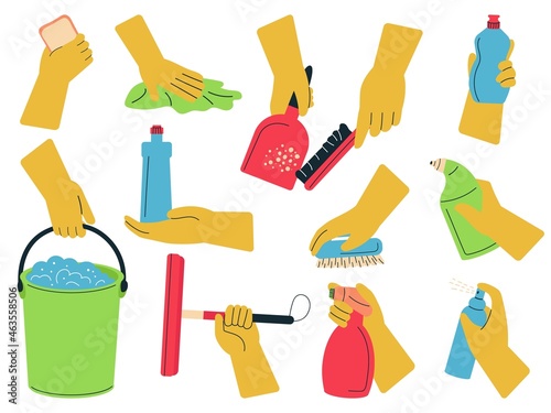 Hands holding cleaning elements. Wipe clean, hand hold cloth and brush. Spray bottle, cleaner sponge for floor and surfaces. Sanitary icon decent vector set