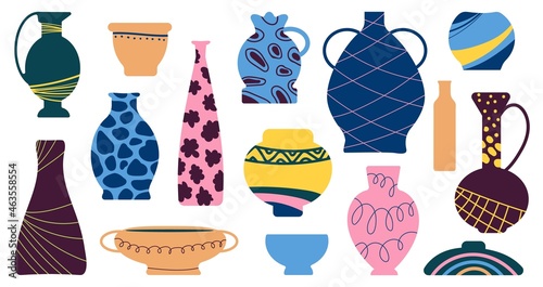Ceramic vases. Antique vase, ancient pottery icons. Earthenware pot and jug, clay bowl. Flat elegant contemporary freehand decent vector shapes