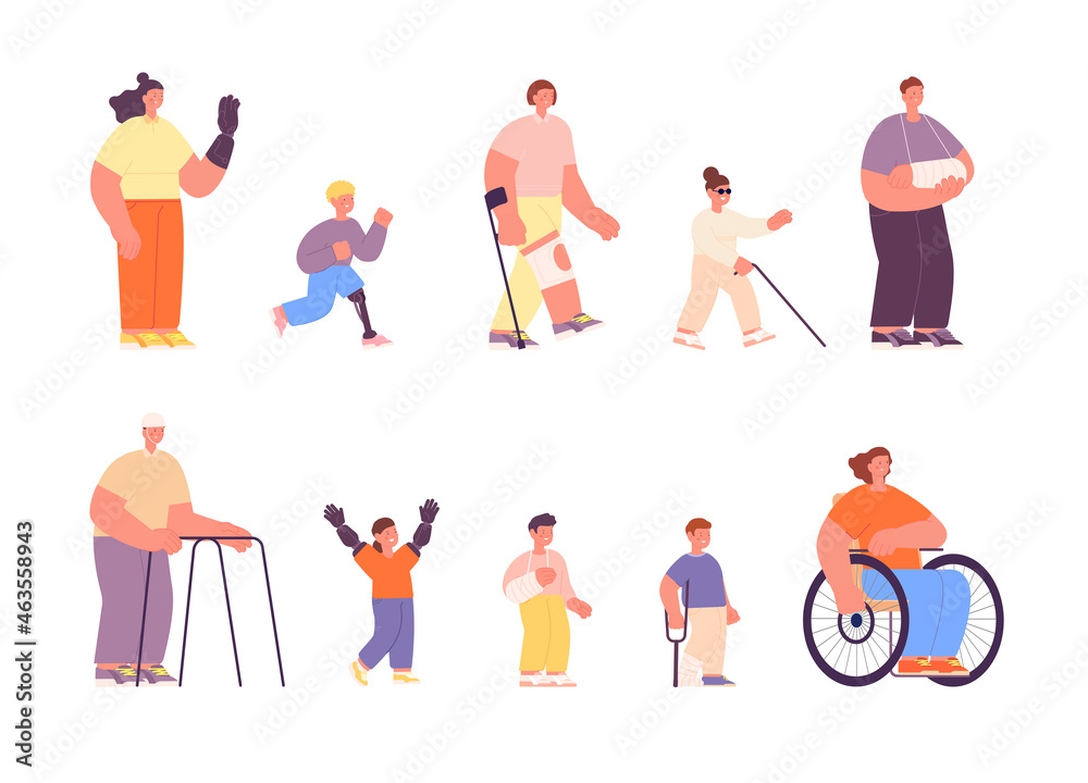 Disability person. Disabled work student, disabilities children and adults. Injury people group, isolated cartoon young handicap man utter vector set