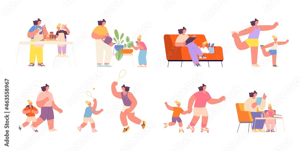 Motherhood. Baby mother, parent cook with daughter. Happy woman play with child, family doing sport, reading, cooking and walking, utter vector set