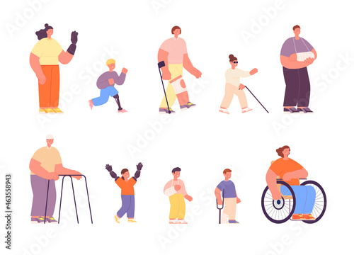 Disability person. Disabled work student, disabilities children and adults. Injury people group, isolated cartoon young handicap man utter vector set
